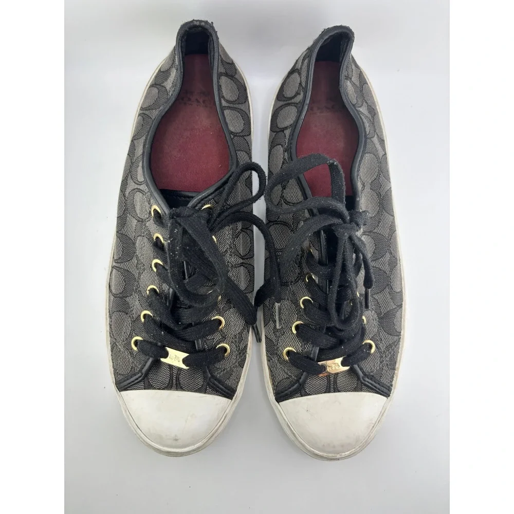 Coach Womens Signature Monogram Low Top Sneakers Black Grey Gold Size 11